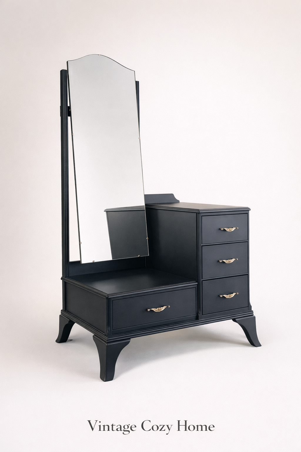 Vintage Black Drawer Set with Mirror, Elegant dressing table, Antique Bedroom Furniture