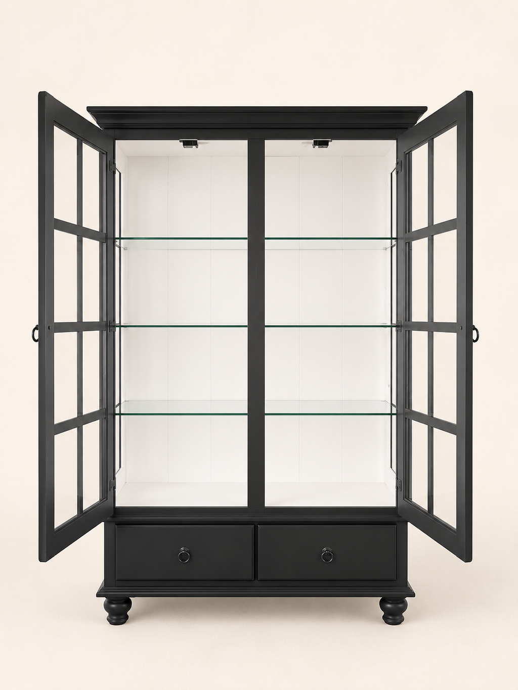 Black Glass Display Cabinet with Drawer | Linen Cupboard Display Cabinet