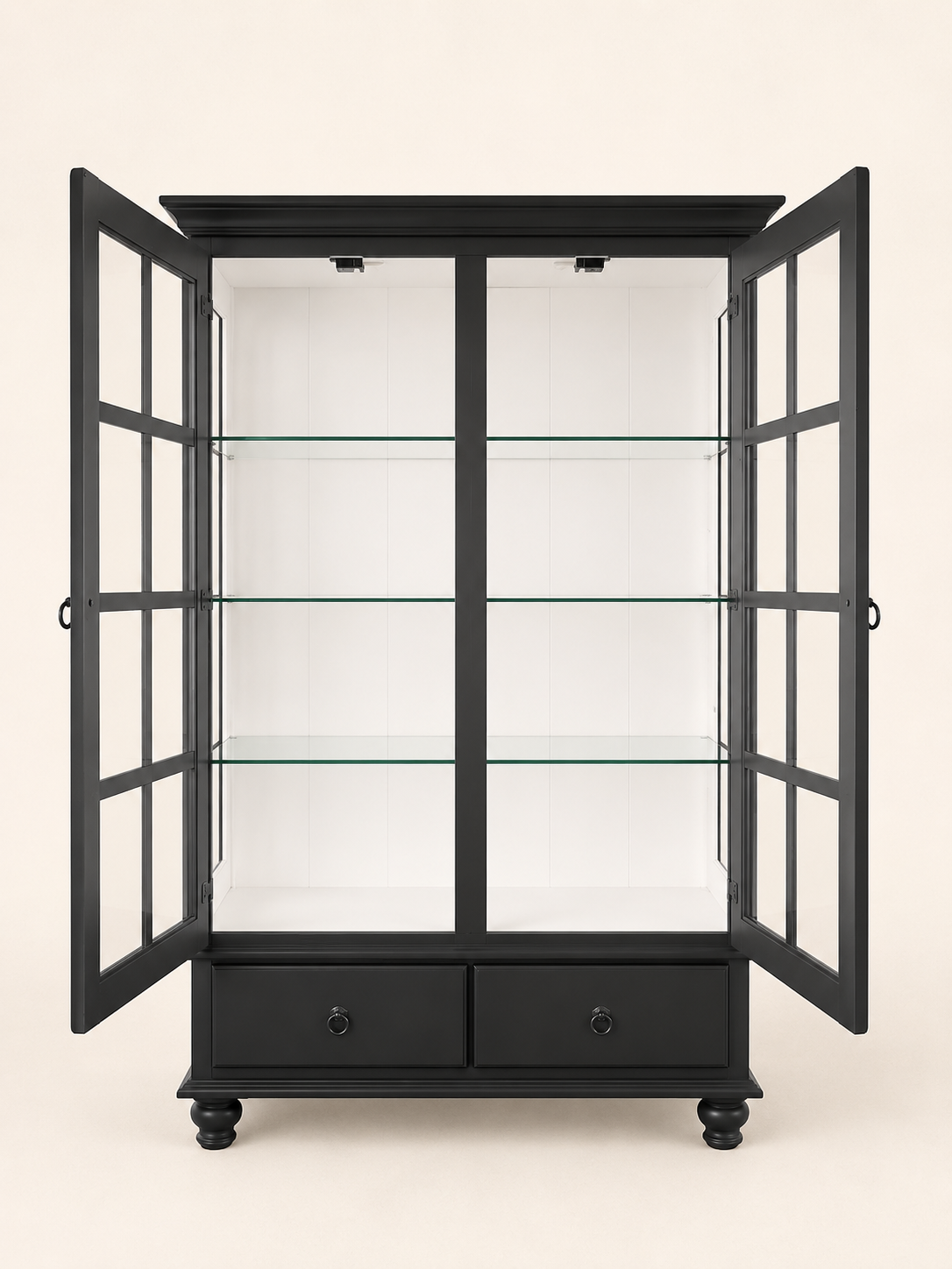 Black Glass Display Cabinet with Drawer | Linen Cupboard Display Cabinet