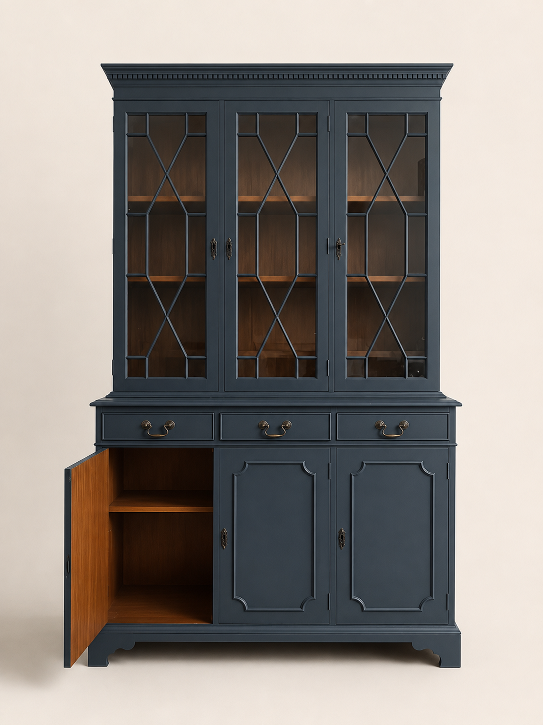 Stunning Classic Style Soft vintage blue 3 door Regency Glazed cabinet