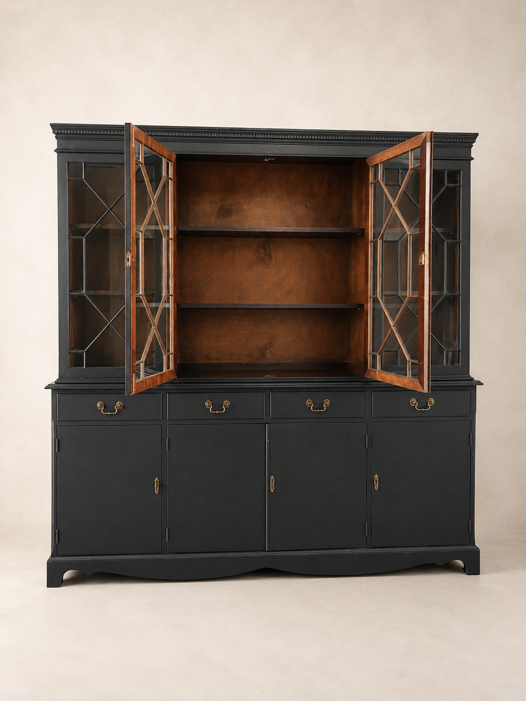 Black Regency Glazed Cabinet, 4 Door 4 Drawer Dresser