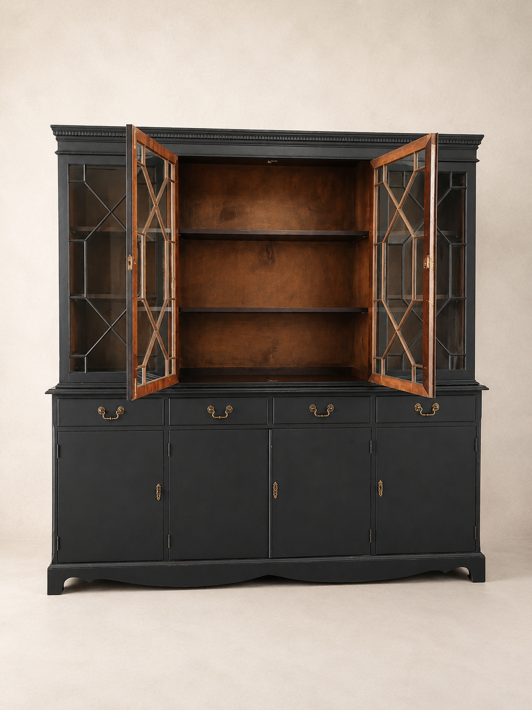 Black Regency Glazed Cabinet, 4 Door 4 Drawer Dresser