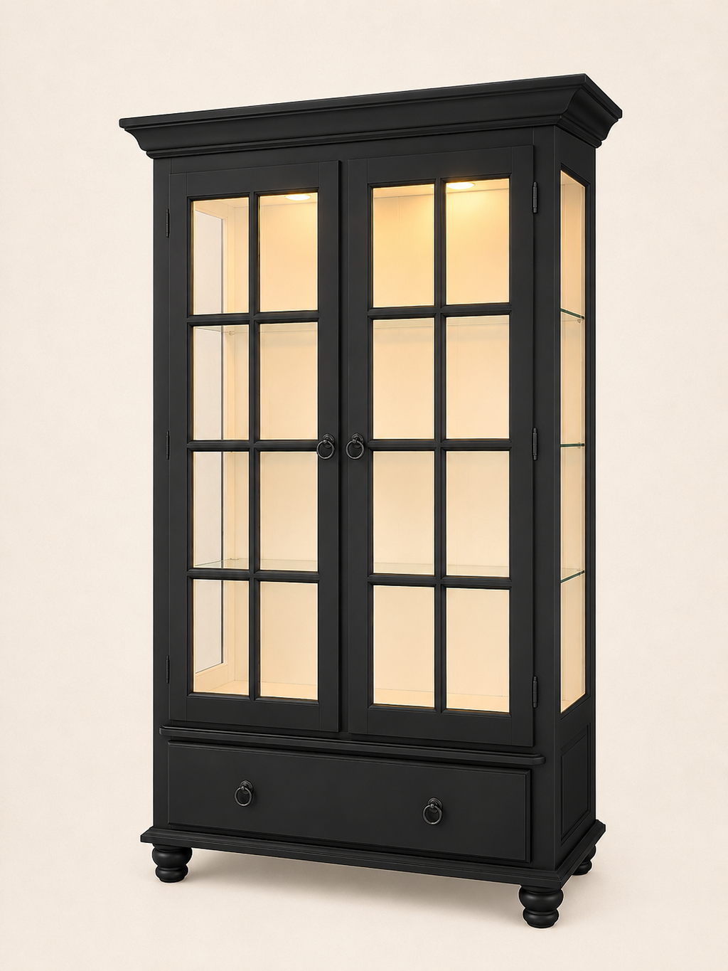 Black Glass Display Cabinet with Drawer | Linen Cupboard Display Cabinet