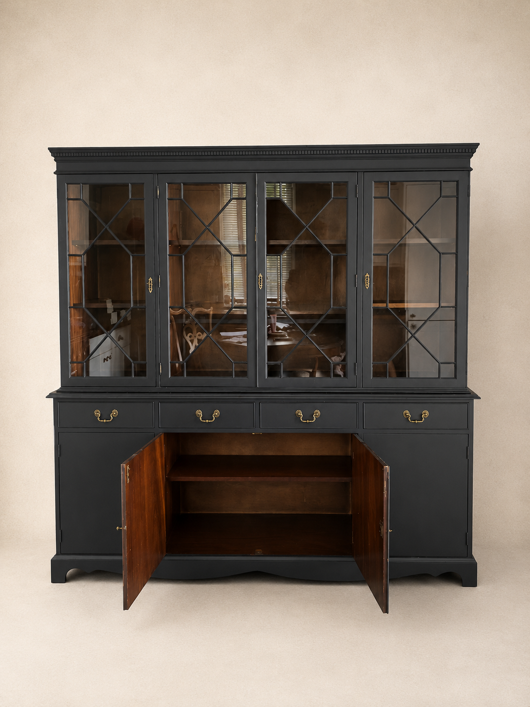 Black Regency Glazed Cabinet, 4 Door 4 Drawer Dresser