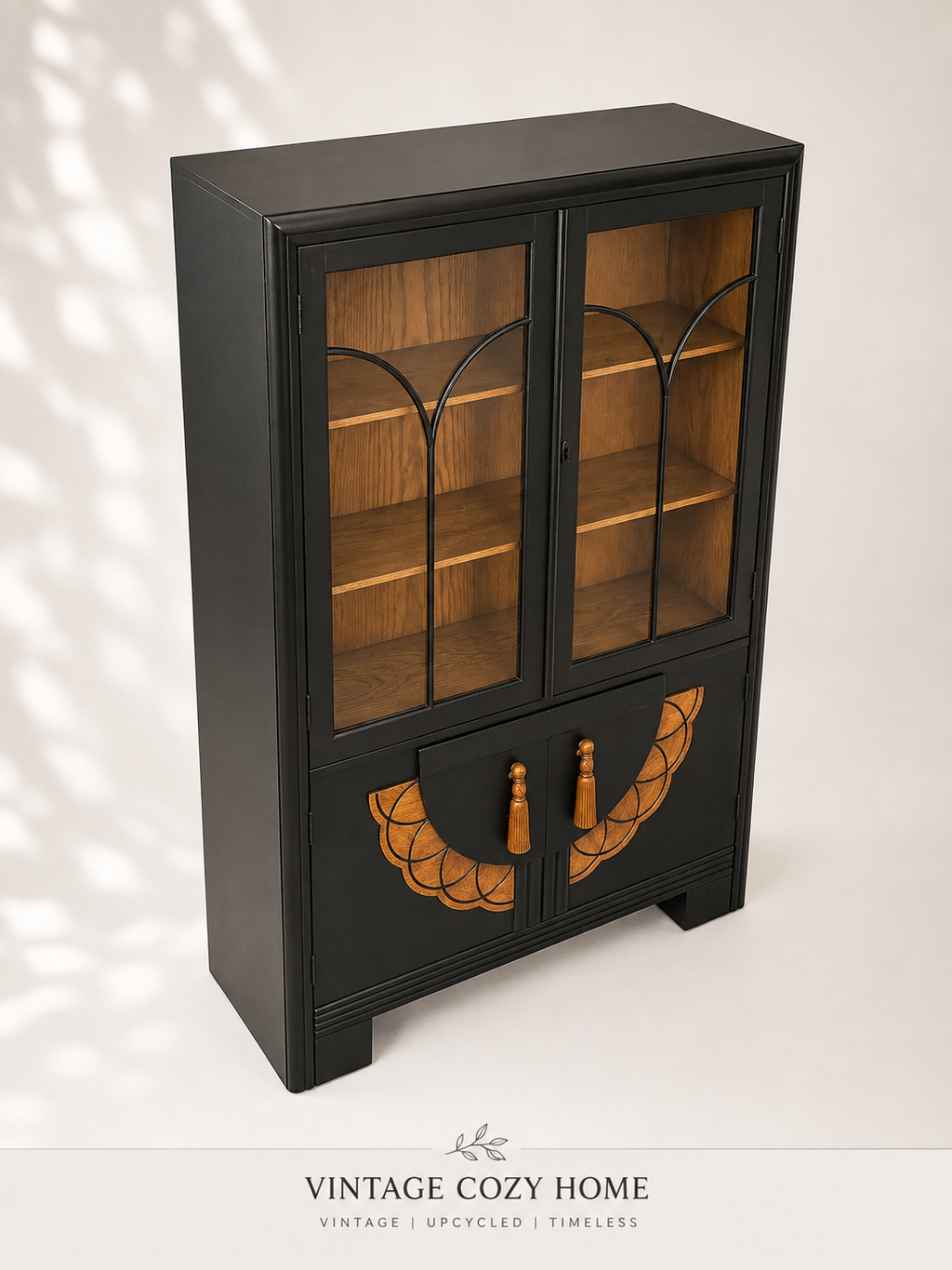 Vintage Art Deco Style Display Cabinet Black Bookcase Glazed Display Cupboard