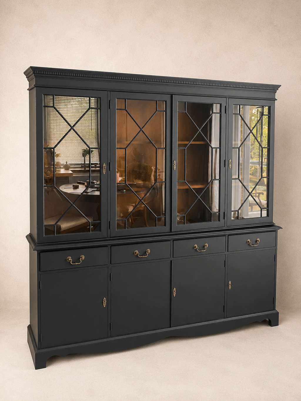 Black Regency Glazed Cabinet, 4 Door 4 Drawer Dresser