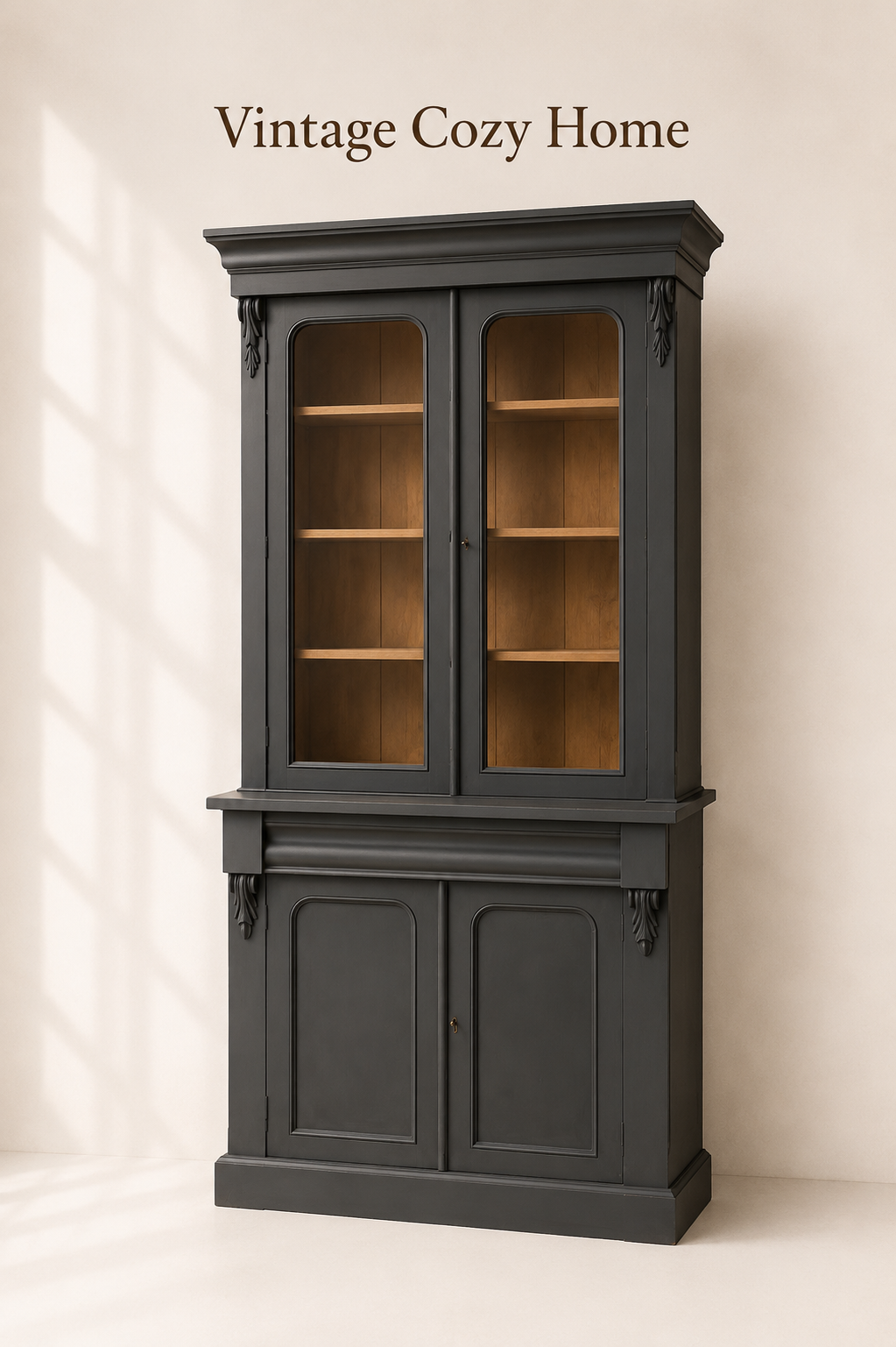 Upcycled Statement Blue Vintage carved glass fronted cabinet bookcase