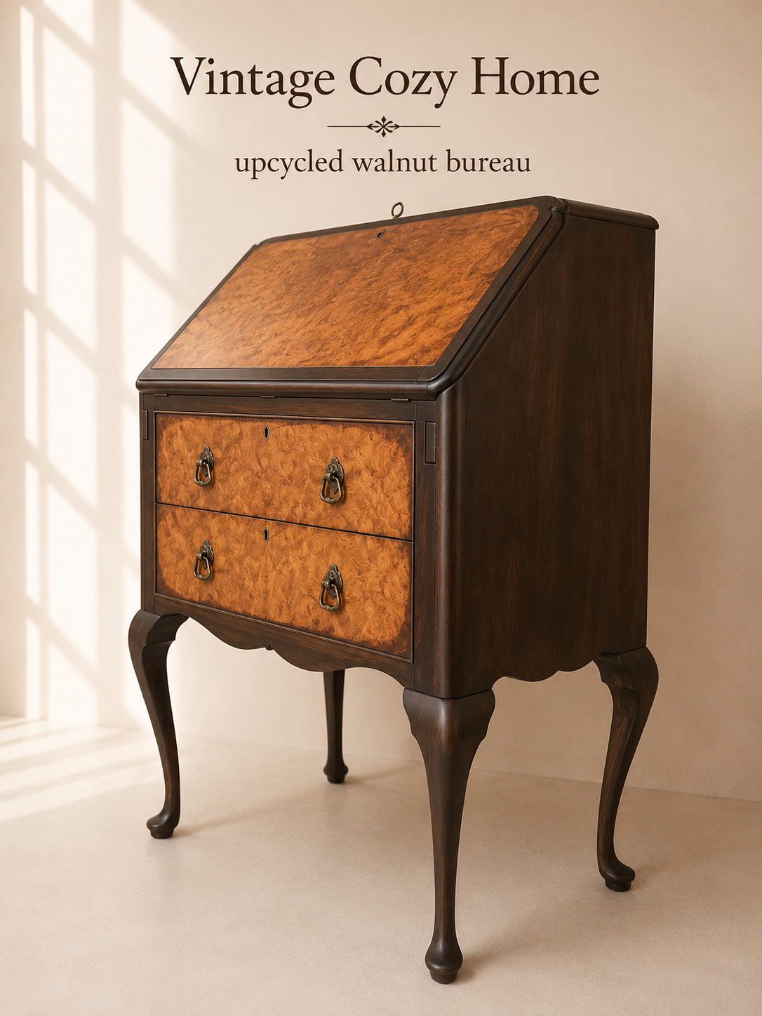 Antique Upcycled Burr Walnut bureau desk