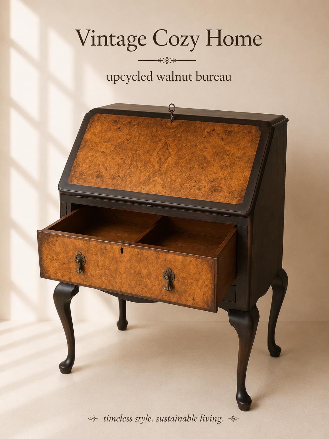 Antique Upcycled Burr Walnut bureau desk