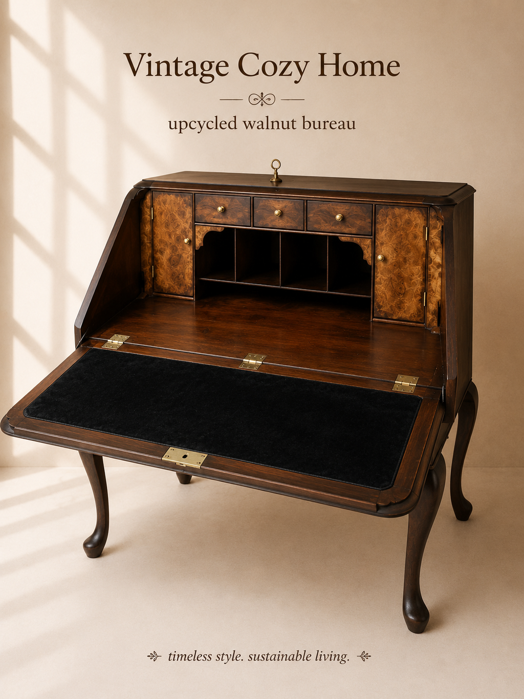 Antique Upcycled Burr Walnut bureau desk