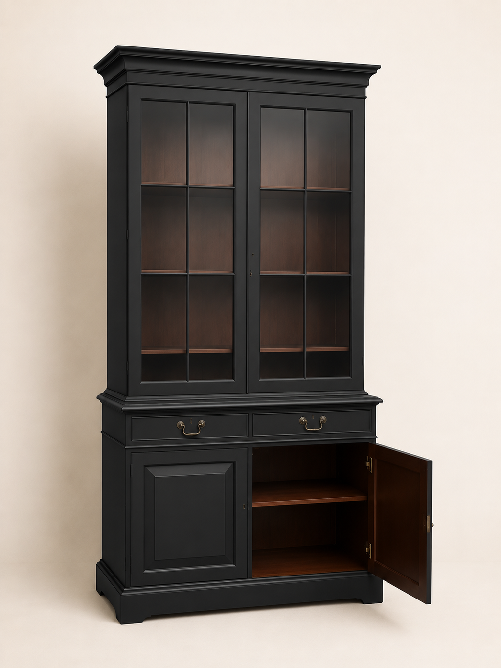 Black Regency Style Display Cabinet | Glass Display Cabinet with Mahogany Interior