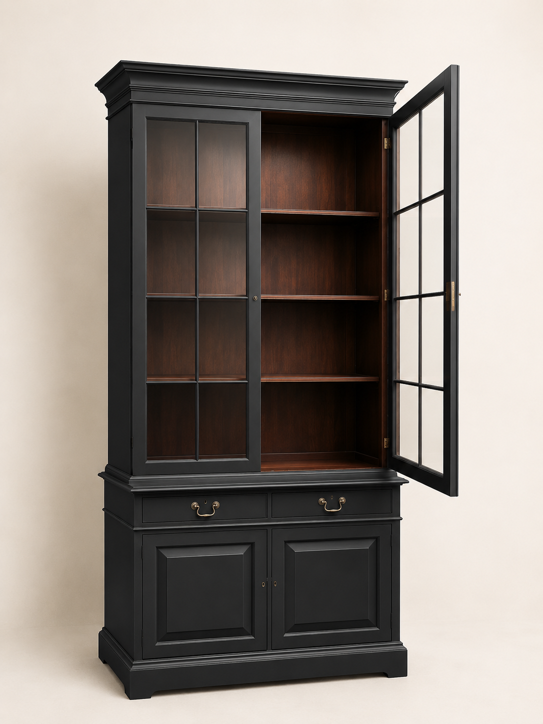 Black Regency Style Display Cabinet | Glass Display Cabinet with Mahogany Interior