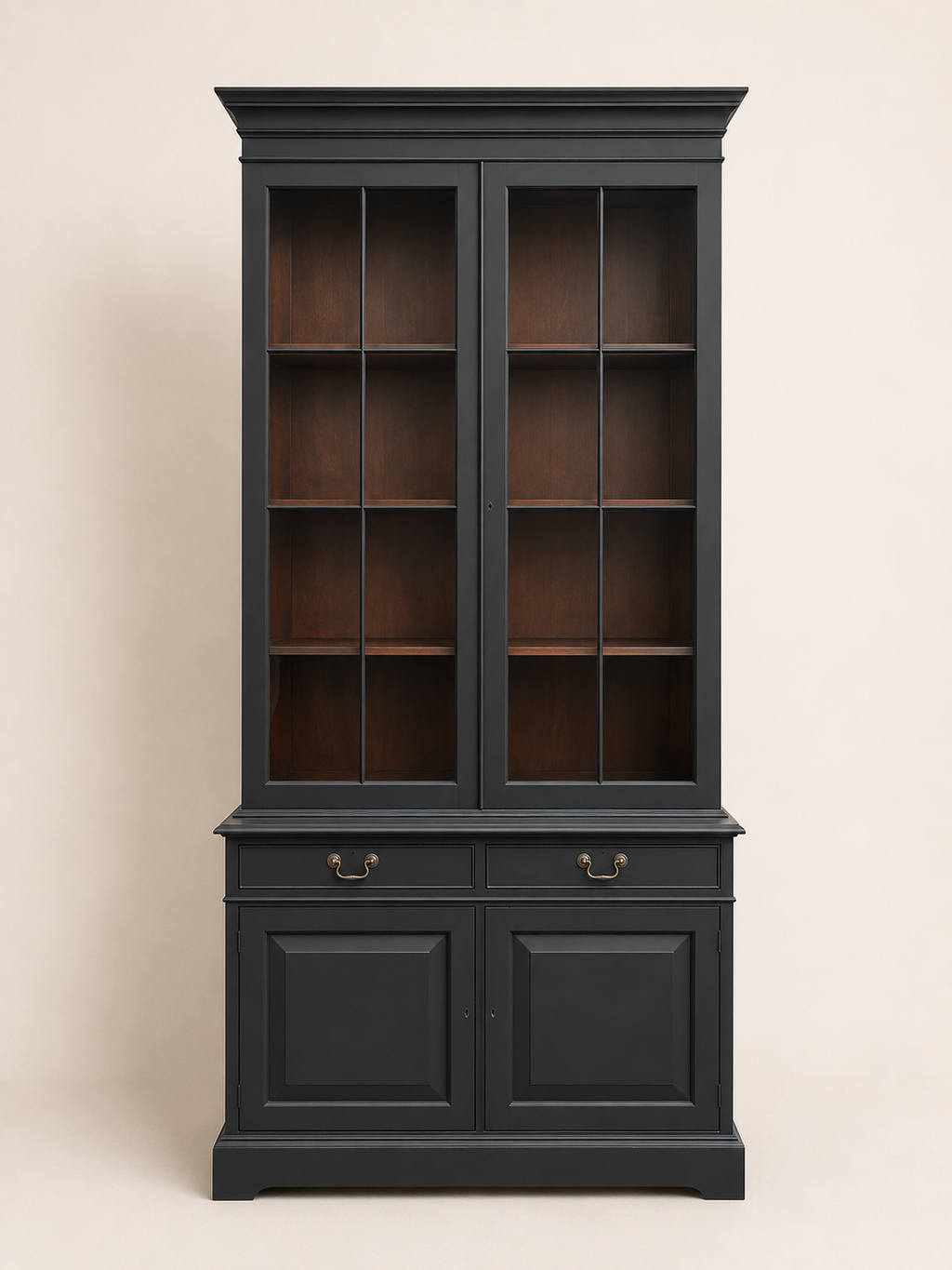 Black Regency Style Display Cabinet | Glass Display Cabinet with Mahogany Interior