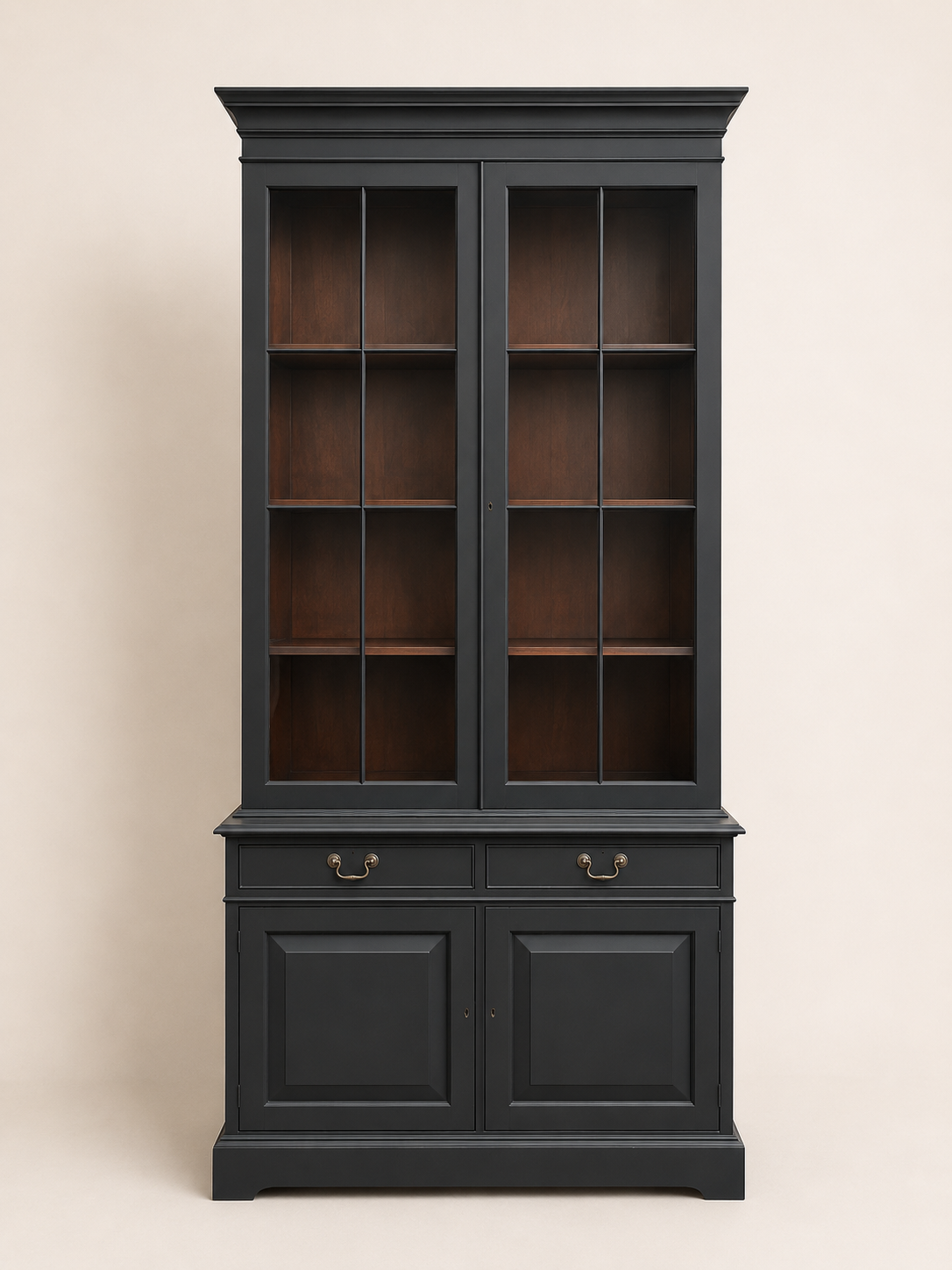 Black Regency Style Display Cabinet | Glass Display Cabinet with Mahogany Interior