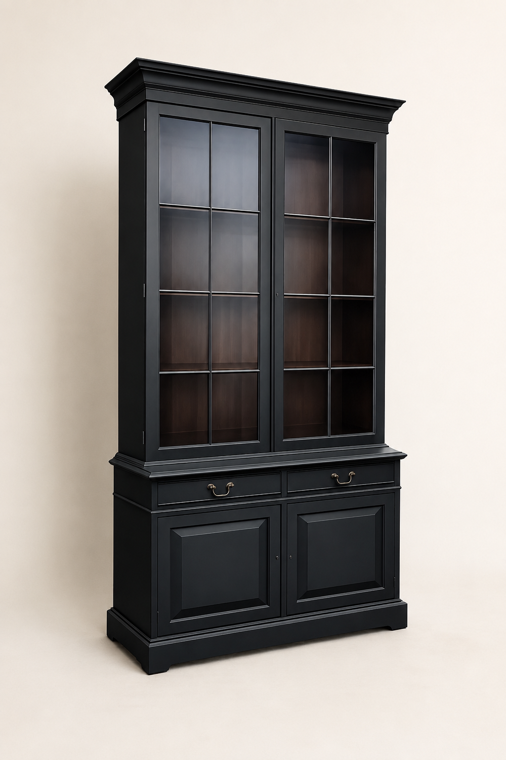 Black Regency Style Display Cabinet | Glass Display Cabinet with Mahogany Interior