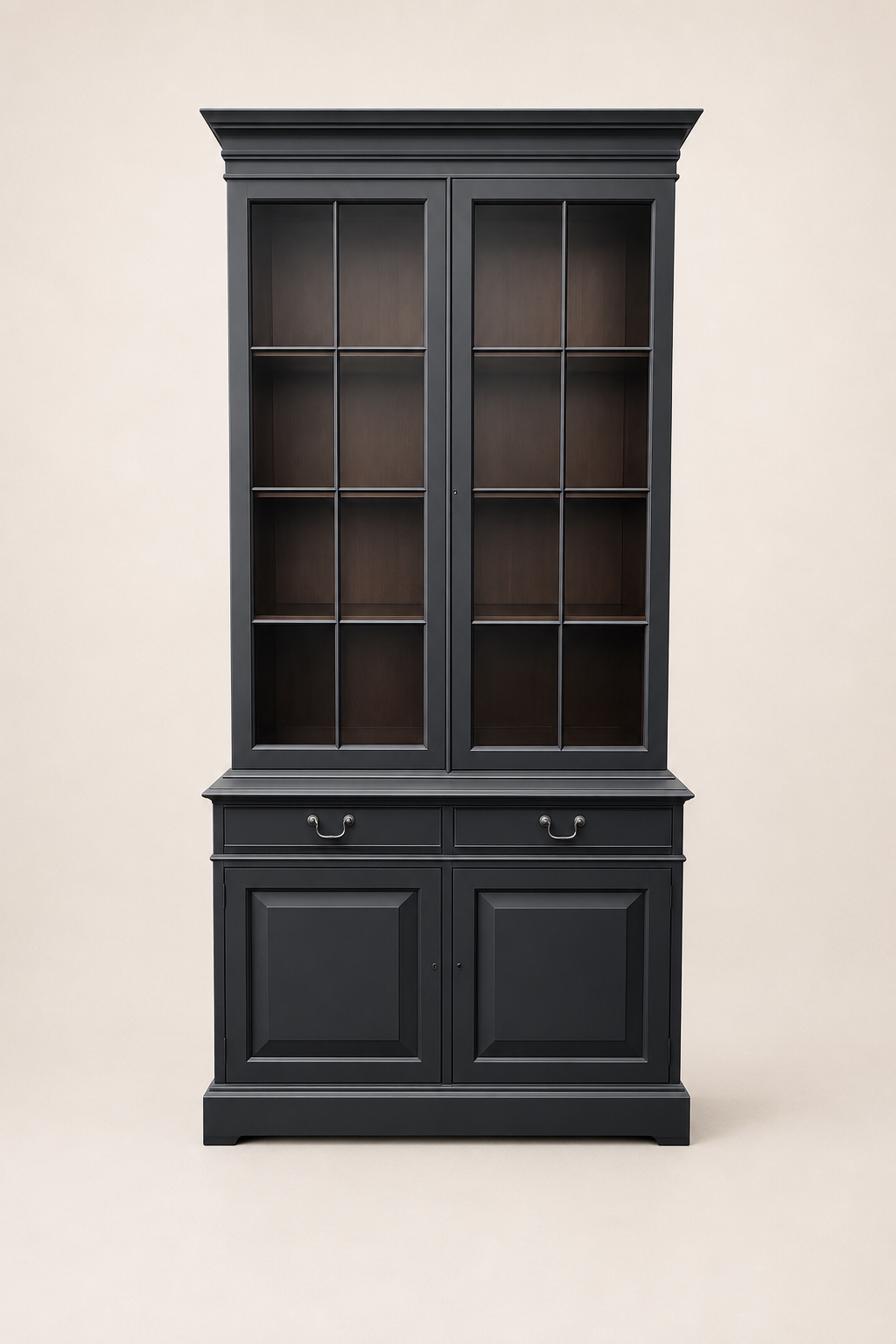Black Regency Style Display Cabinet | Glass Display Cabinet with Mahogany Interior
