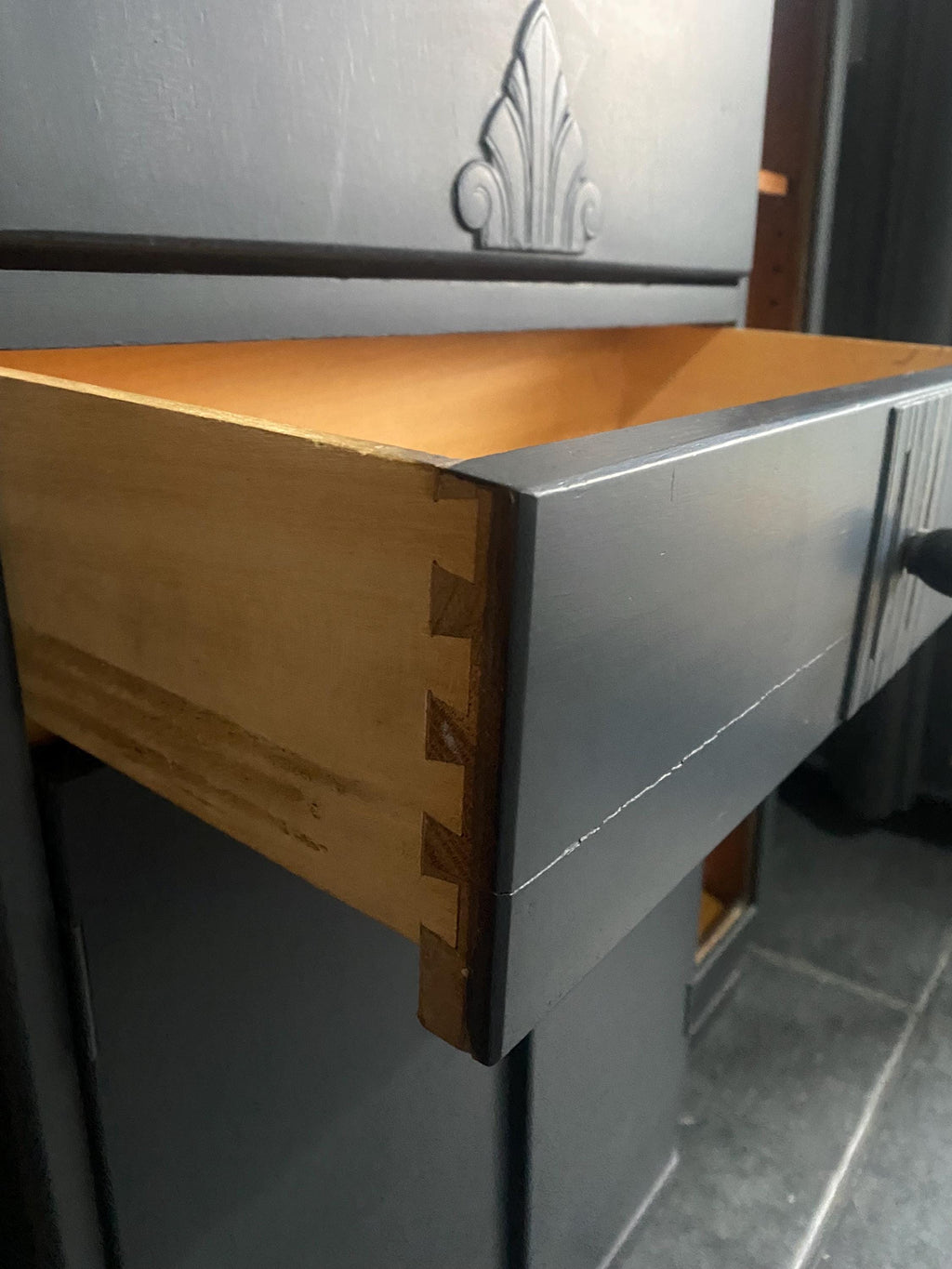 Vintage Black Secretaire Cabinet with integrated side cabinets glass fronted bookcases.