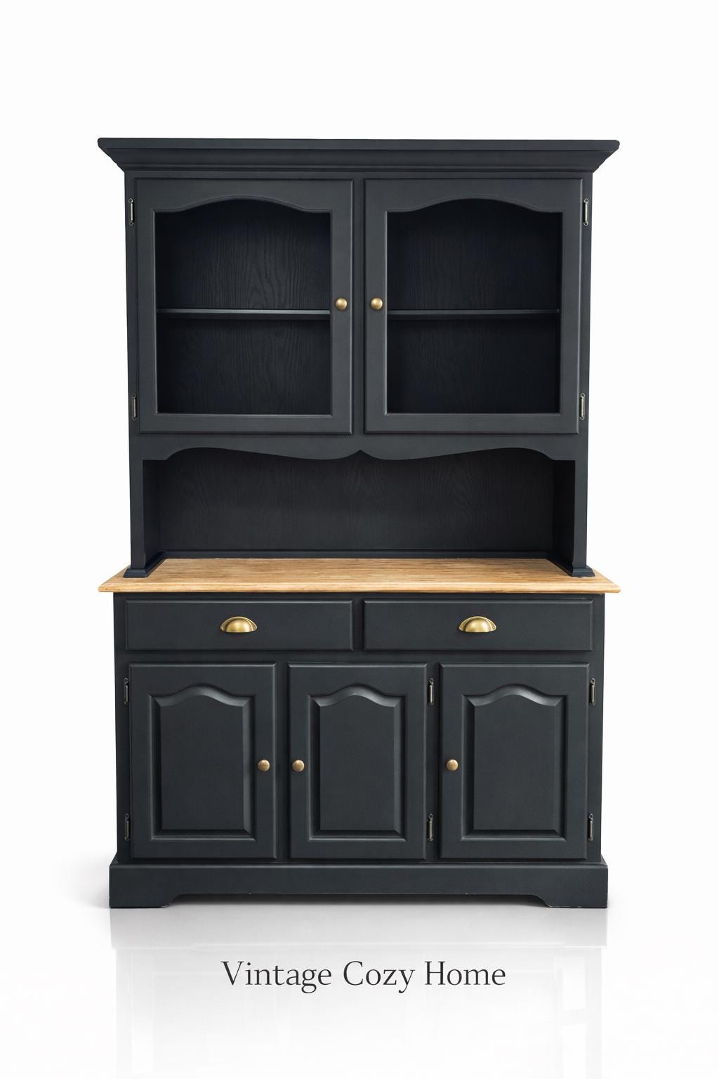 Upcycled Black Glass Display Cabinet, Hand Painted China Cabinet with Natural wood top.