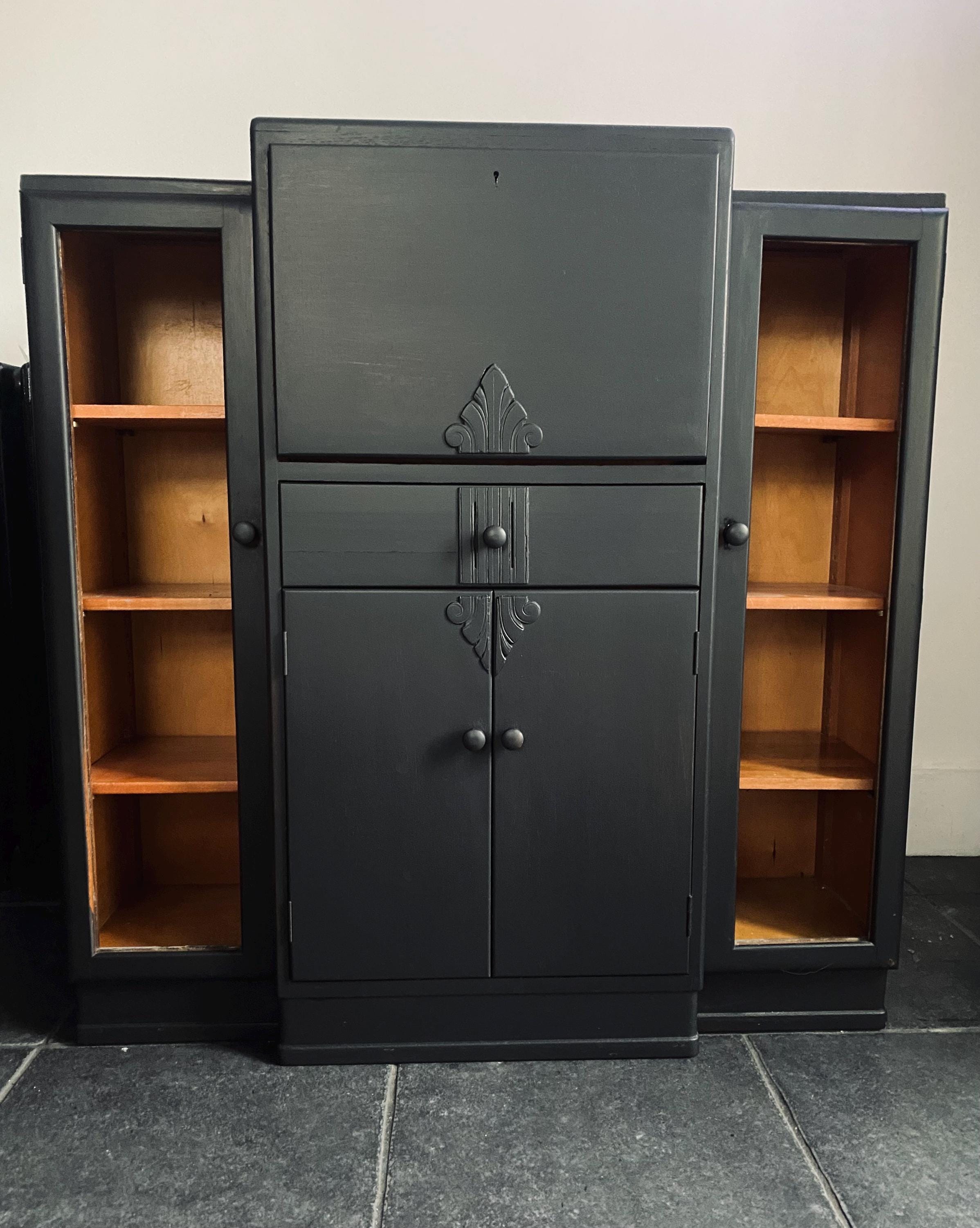 Vintage Black Secretaire Cabinet with integrated side cabinets glass fronted bookcases.
