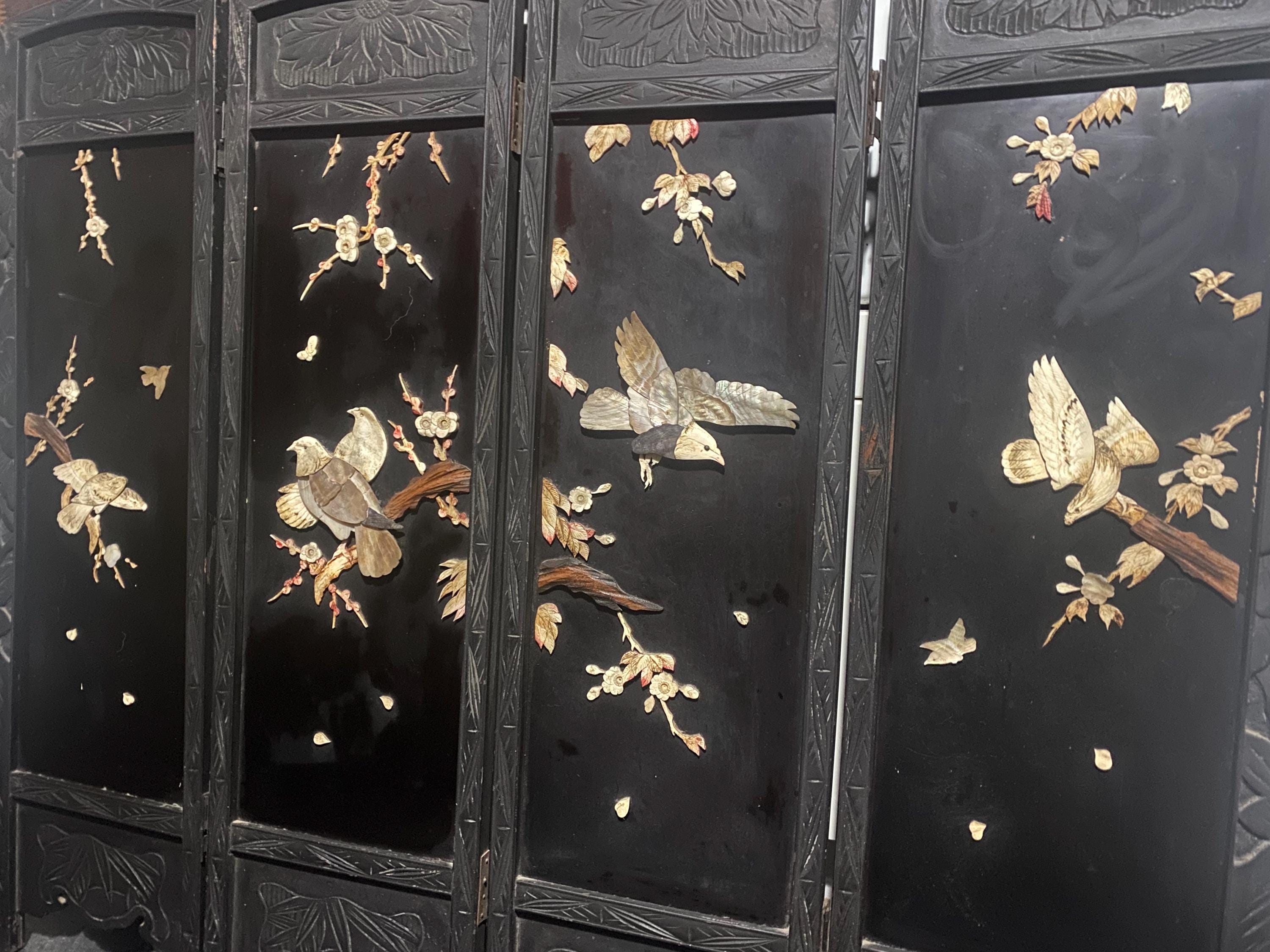 Antique 4 Panel Black Lacquered Mother Of pearl Carved Fire Screen Table Top