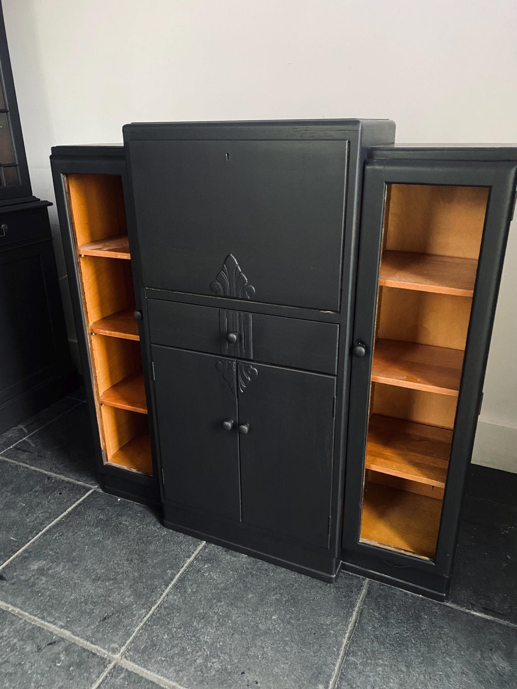 Vintage Black Secretaire Cabinet with integrated side cabinets glass fronted bookcases.