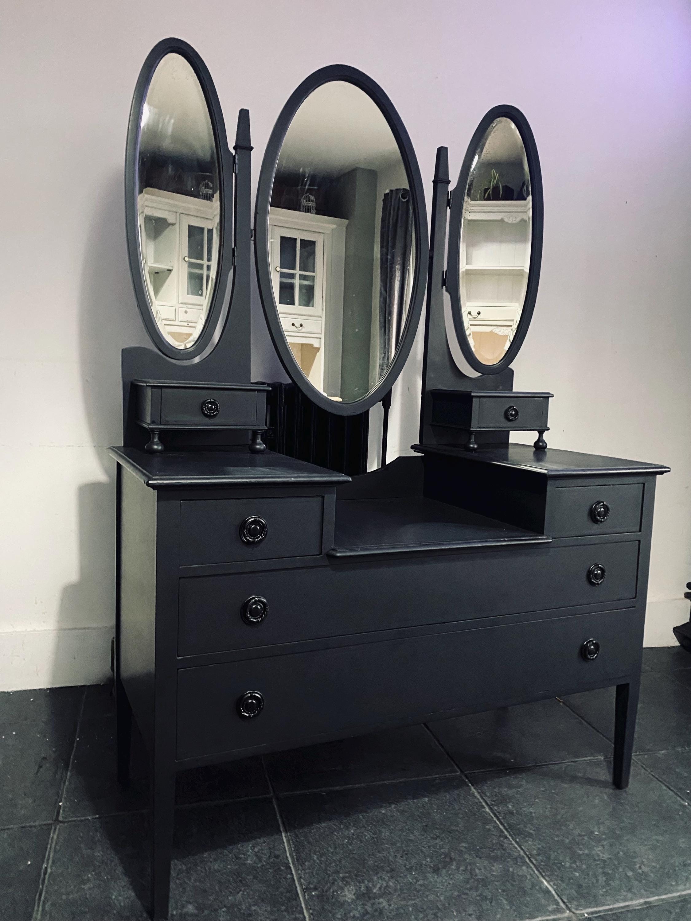 Vintage Black Vanity Dresser with Mirrors – Antique Dressing Table