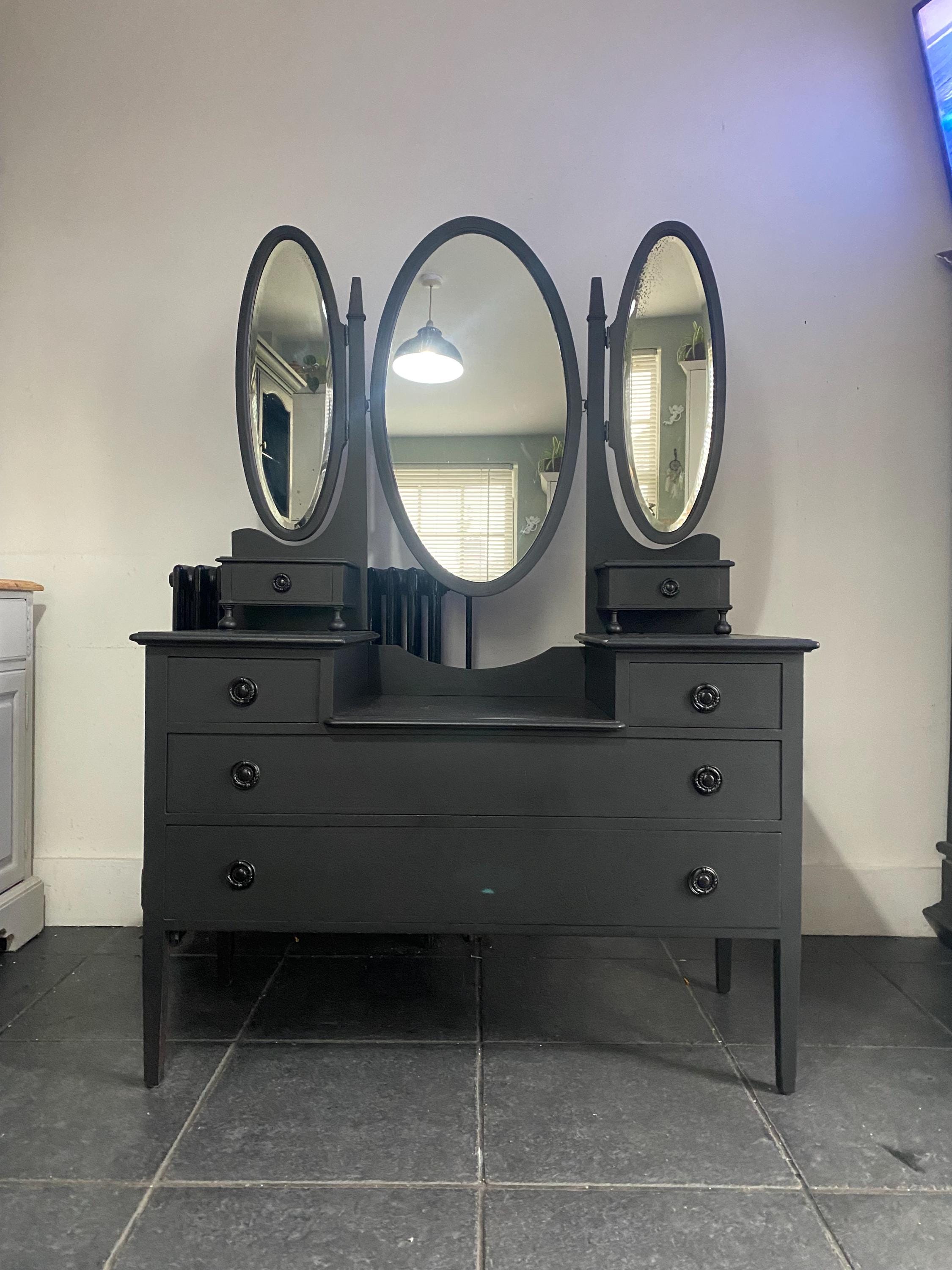 Vintage Black Vanity Dresser with Mirrors – Antique Dressing Table