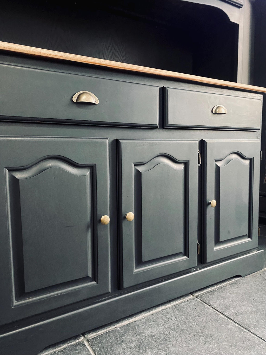 Upcycled Black Glass Display Cabinet, Hand Painted China Cabinet with Natural wood top.