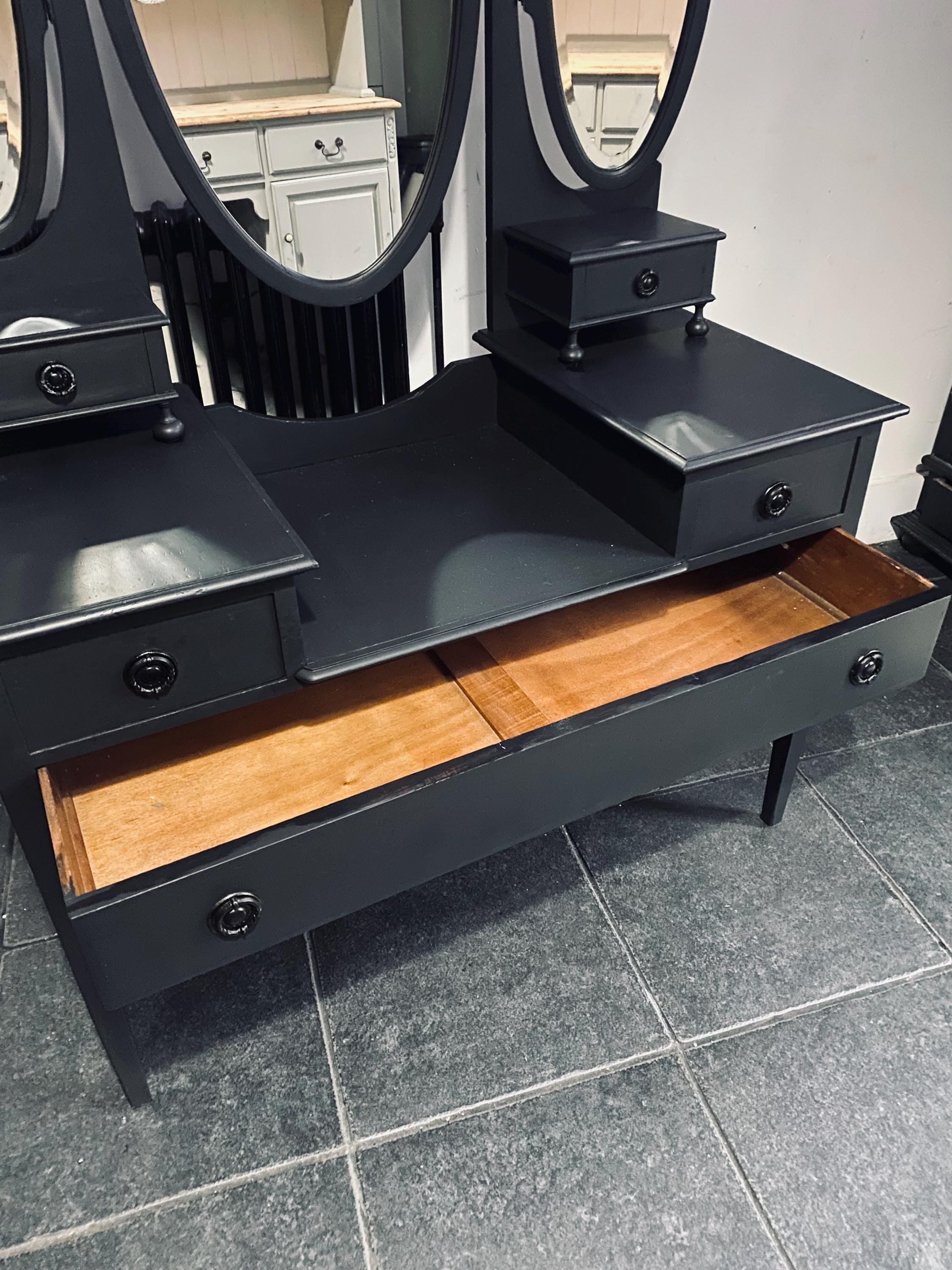 Vintage Black Vanity Dresser with Mirrors – Antique Dressing Table