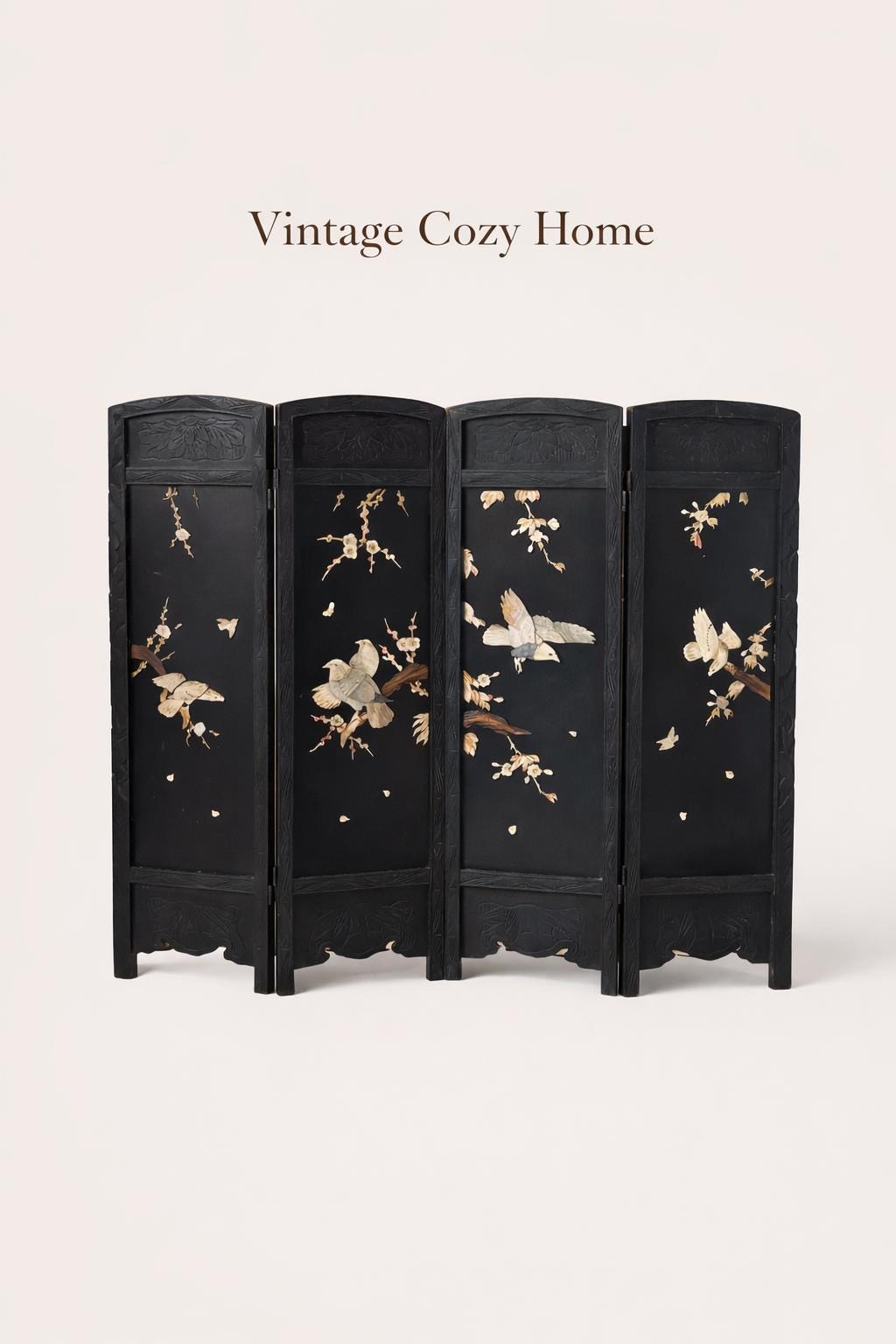 Antique 4 Panel Black Lacquered Mother Of pearl Carved Fire Screen Table Top