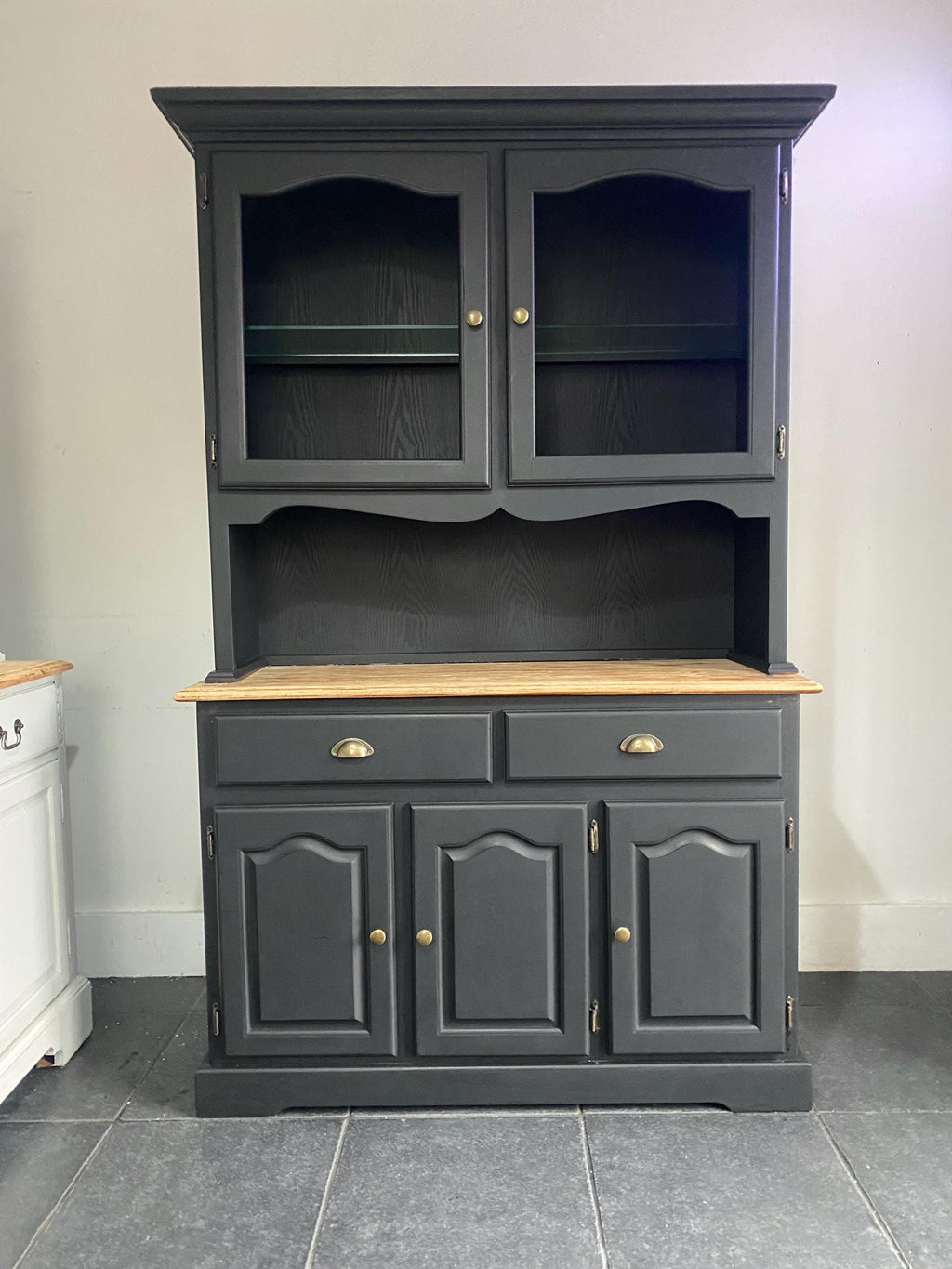 Upcycled Black Glass Display Cabinet, Hand Painted China Cabinet with Natural wood top.