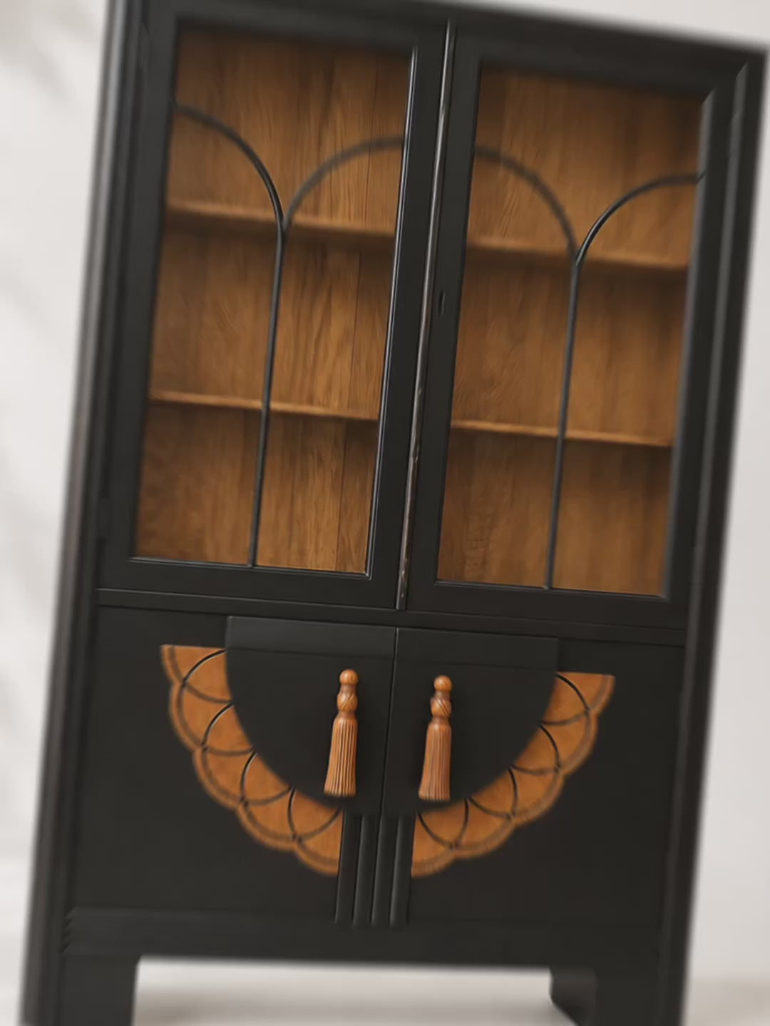 Vintage Art Deco Style Display Cabinet Black Bookcase Glazed Display Cupboard